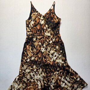 XSCAPE Leopard Print Evening Gown, Chic Animal Print & Black V-Neck Dress